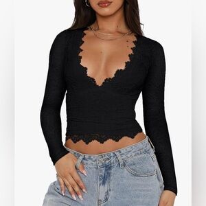 Black V-Neck Lace Long-Sleeve Fitted Double-Lined Crop Top, NWT, Size Med